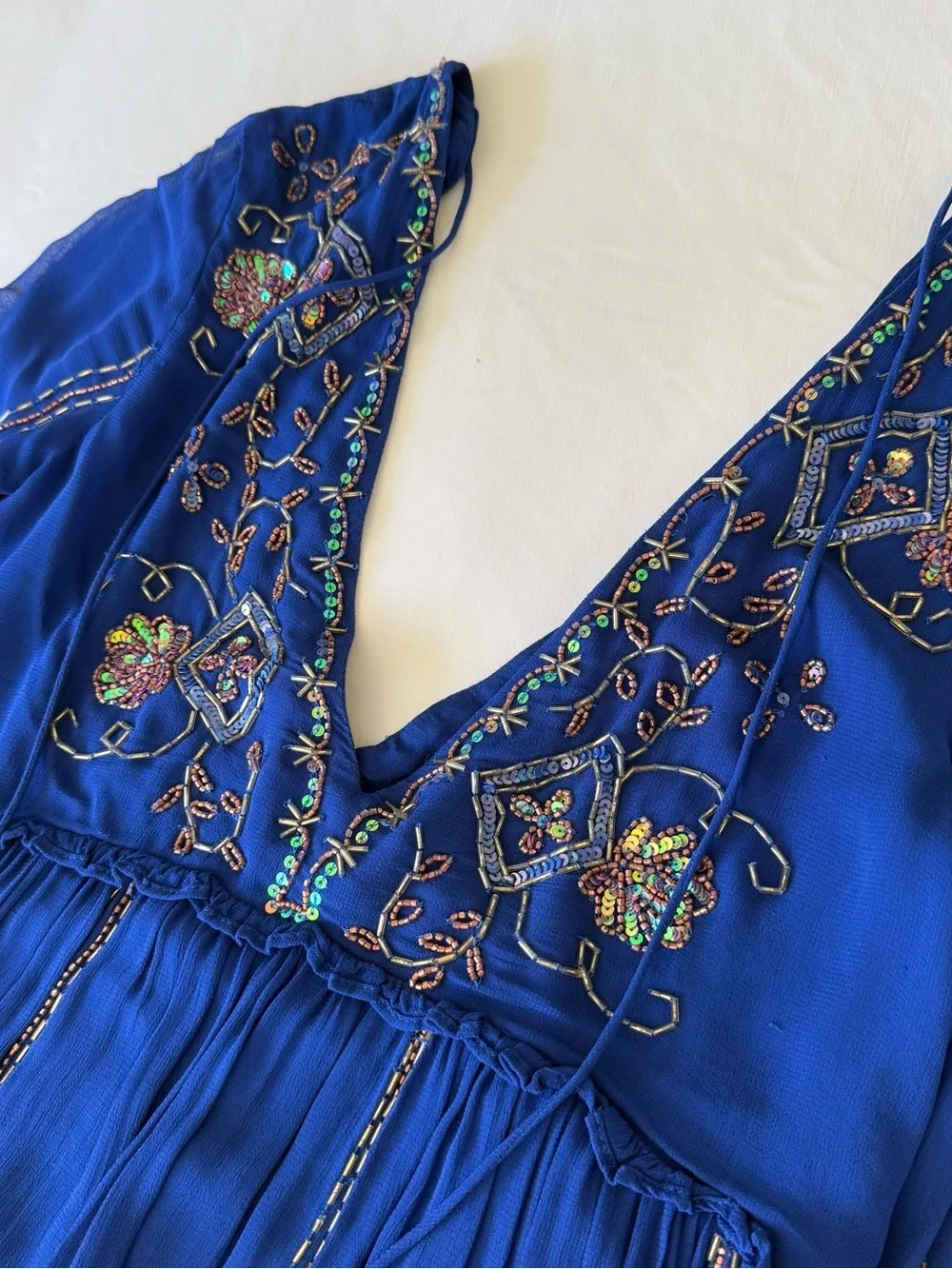 Free People Rare V-Neck Embroidered Mini Dress - Royal Blue XS